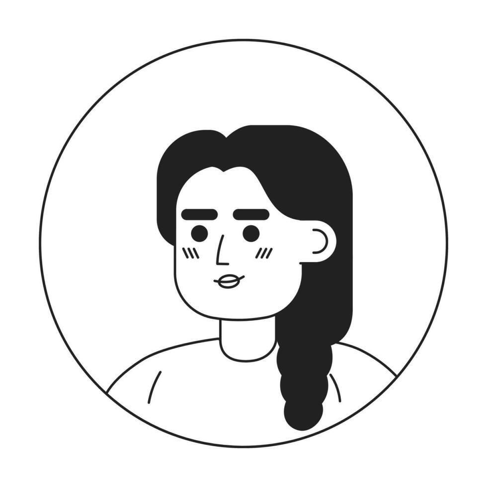 jong Indisch vrouw monochroom vlak lineair karakter hoofd. bewerkbare tekenfilm avatar icoon. brunette met vlecht kapsel. gezicht emotie. kleurrijk plek illustratie voor web grafisch ontwerp, animatie vector