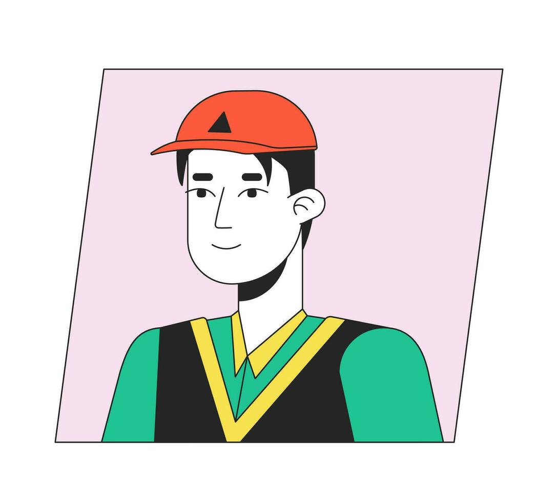 jong Aziatisch millennial in pet vlak kleur tekenfilm avatar icoon. bewerkbare 2d gebruiker portret lineair illustratie. geïsoleerd vector gezicht profiel clip art. gebruikersfoto, persoon hoofd en schouders