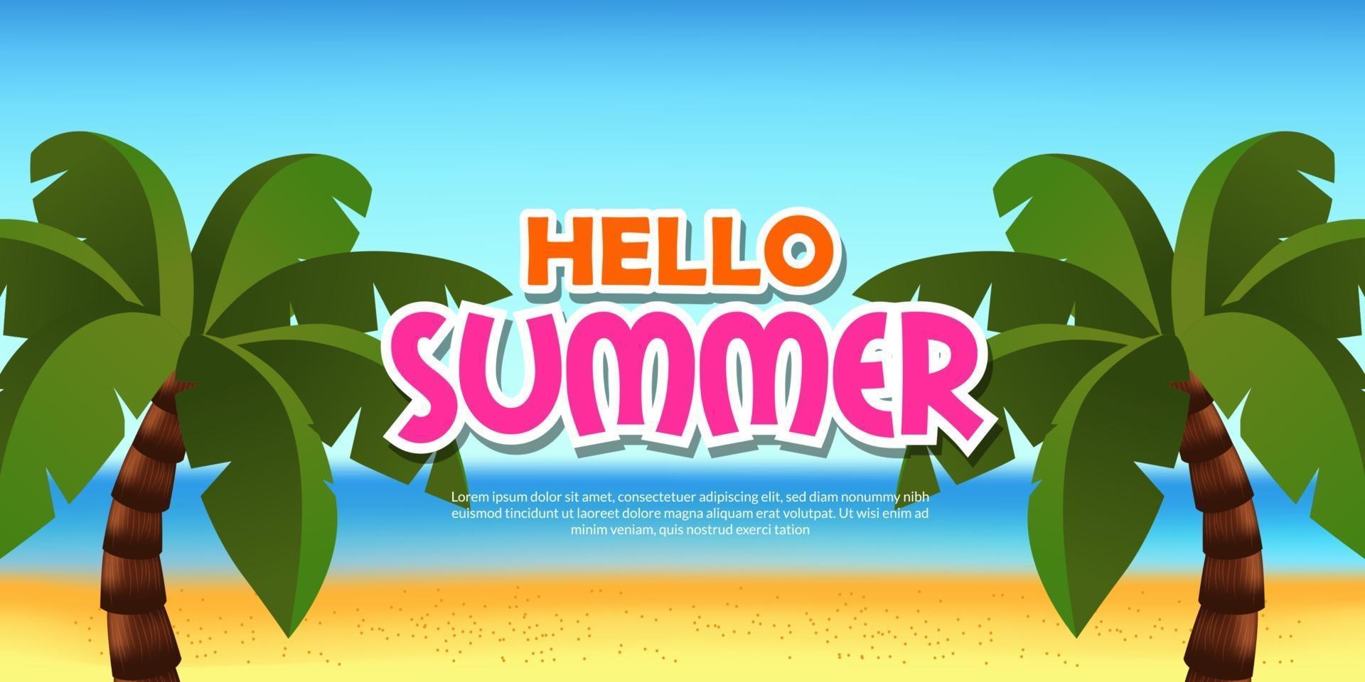 hallo zomer banner poster met illustratie van tropisch strand met palmbomen vector