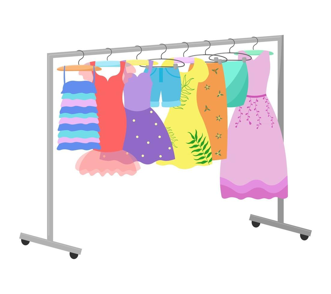 jurken op een hanger. verschillende vrouwelijke kleding hangen. casual en avondoutfits voor vrouwen vectorillustratie vector