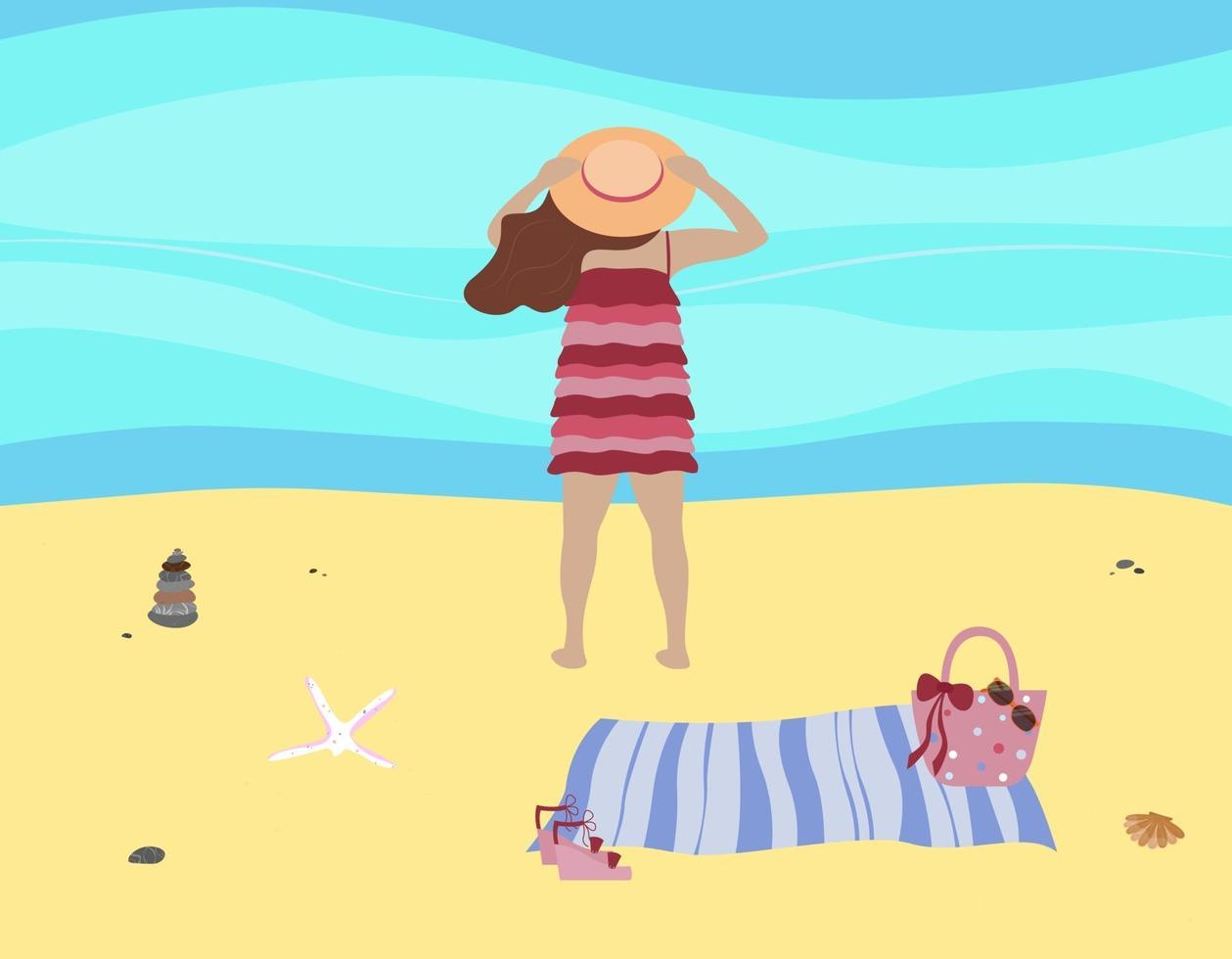 vrouw op het strand van de zomer. meisje in hoed en zomerjurk staat aan zee op het zand met mat en tas. seizoensconcept vector