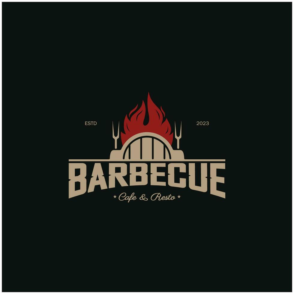 gemakkelijk barbecue wijnoogst heet grill, met gekruiste vlammen en spatel. logo voor restaurant, insigne, cafe en balk.vector vector