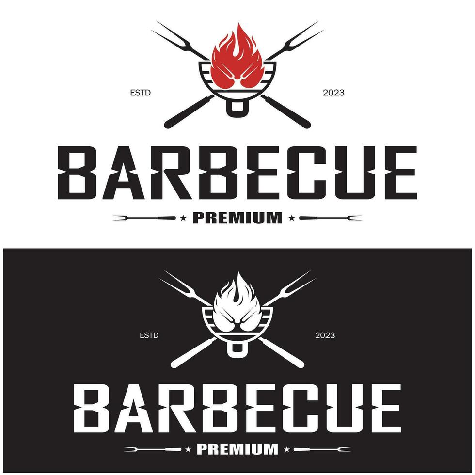 gemakkelijk barbecue wijnoogst heet grill, met gekruiste vlammen en spatel. logo voor restaurant, insigne, cafe en balk.vector vector