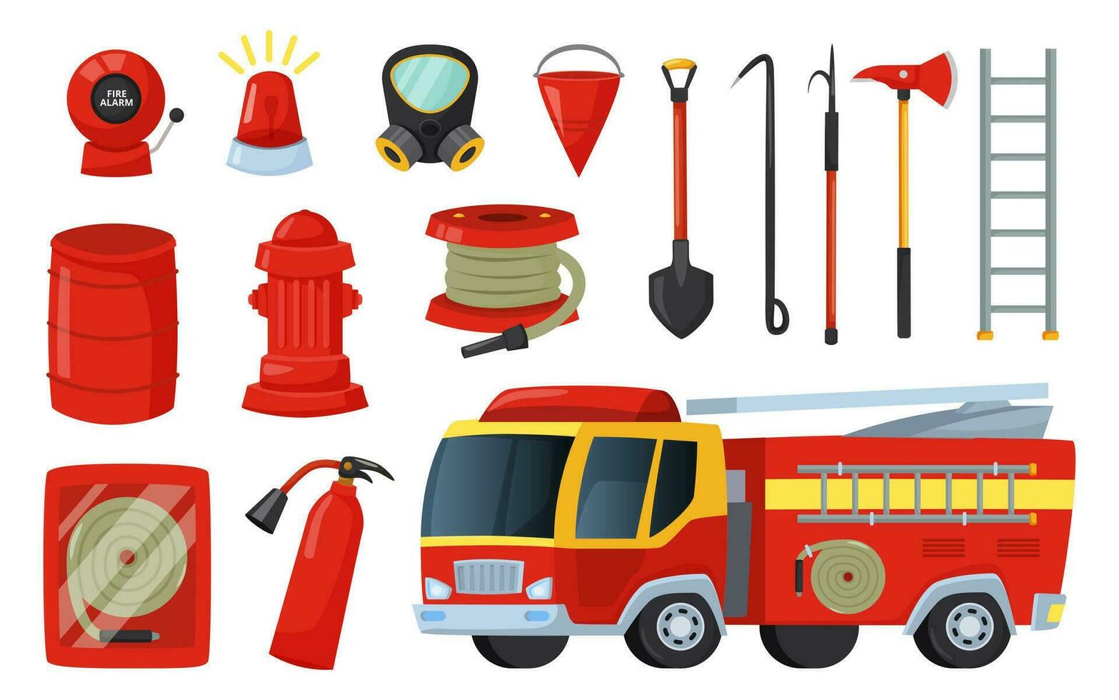 tekenfilm brandweerman uitrusting en hulpmiddelen, bijl, brandblusser en brandslang. brand vrachtwagen, hydrant, emmer, Brand blussen elementen vector reeks