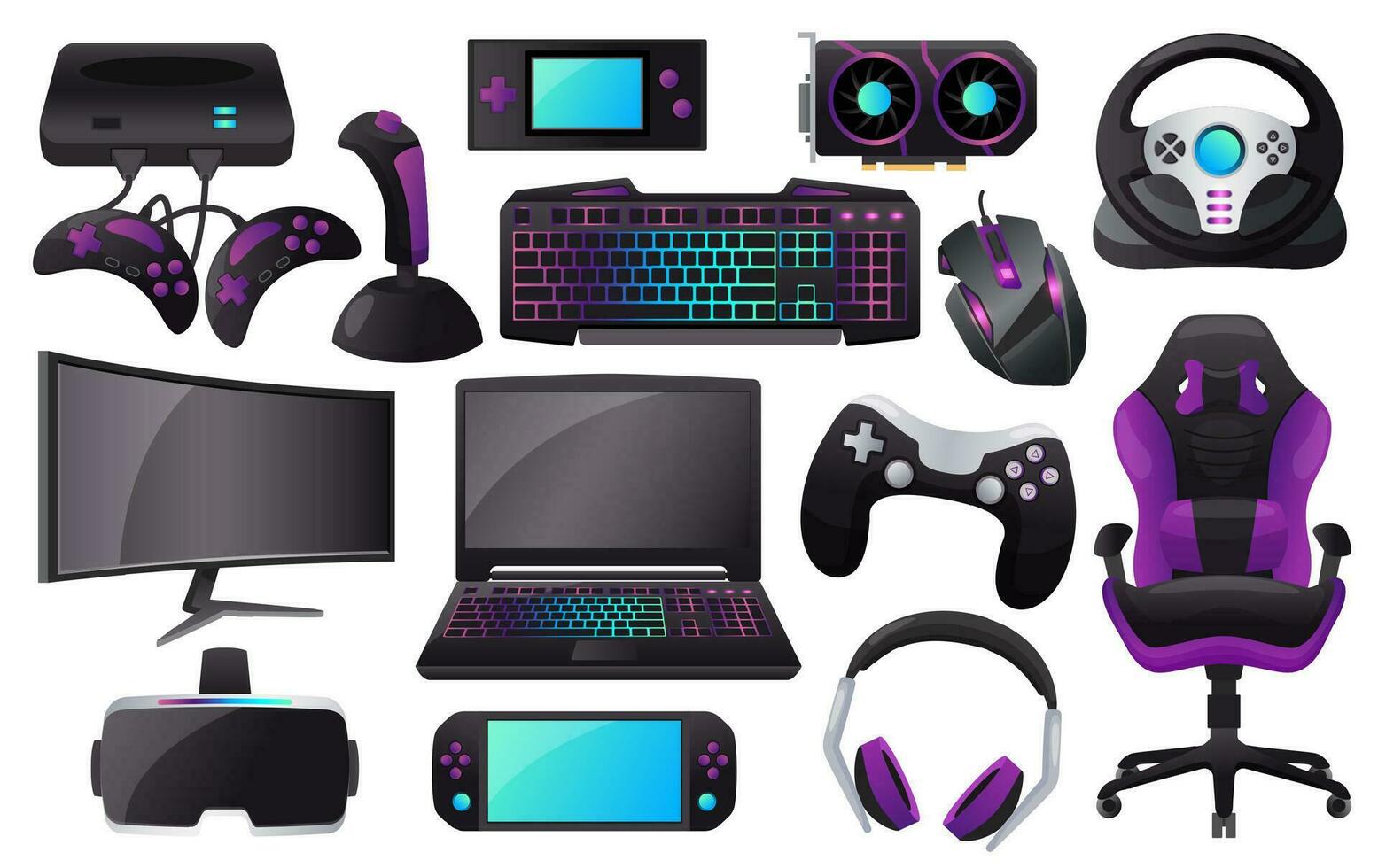 tekenfilm gaming accessoires, professioneel gamer uitrusting en apparatuur.  monitor, koptelefoon, toetsenbord, vr koptelefoon, gaming randapparatuur  vector reeks 25515185 Vectorkunst bij Vecteezy