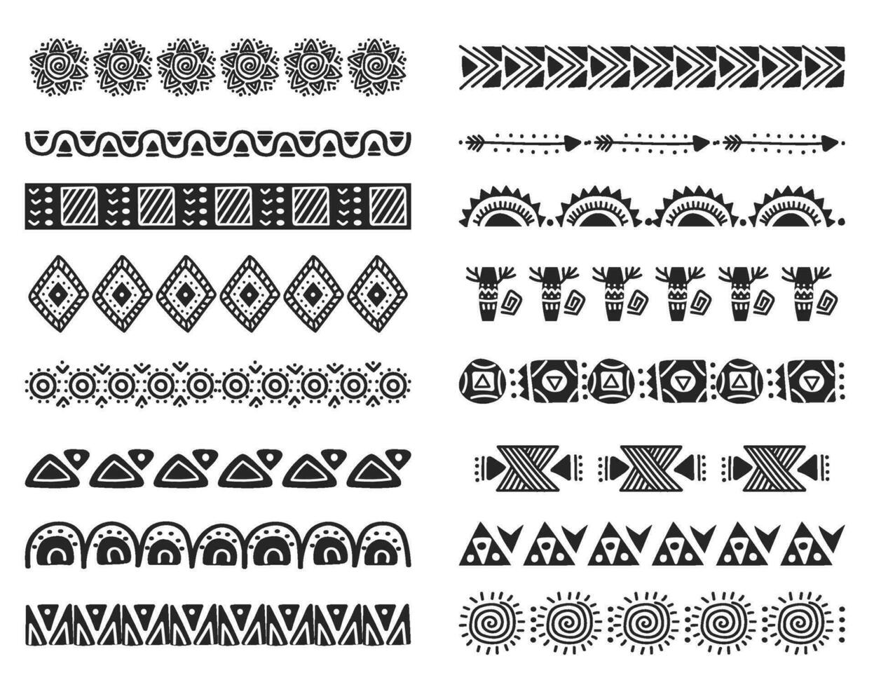 Afrikaanse tribal borstels. zwart en wit hand- getrokken horizontaal naadloos borders geïsoleerd vector reeks