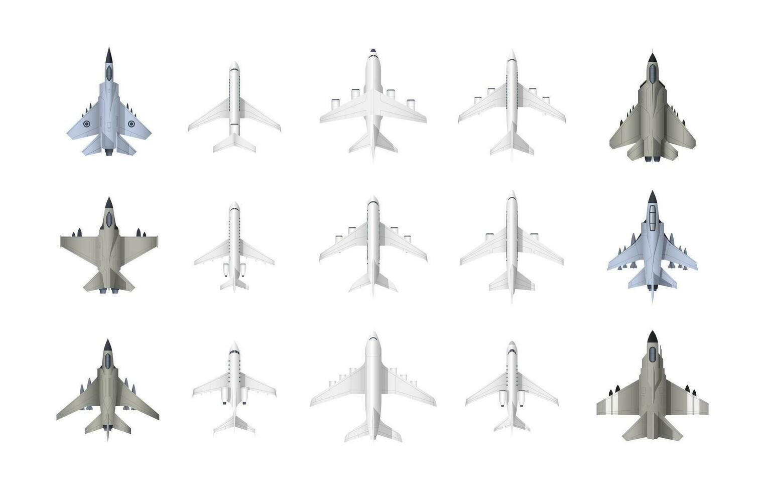 civiel en leger vliegtuig top visie. tekenfilm Jet strijders en civiel luchtvaart lading en passagier vliegtuigen, eendekkers en tweedekkers top visie van vlak modellen. vector reeks