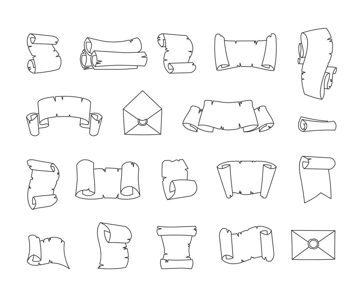 schets perkament. oude papyrus rol schetsen verzameling, wijnoogst lijn gegraveerde manuscript broodjes voor banier ontwerp. vector geïsoleerd reeks