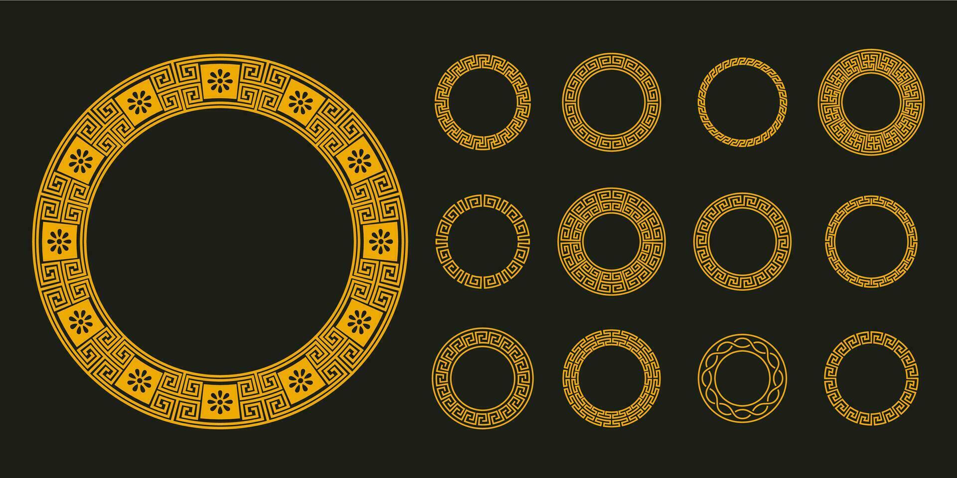 oude Grieks cirkel ornament. antiek Griekenland traditioneel ronde meander grenzen, meetkundig circulaire decoratief kozijnen. vector verzameling