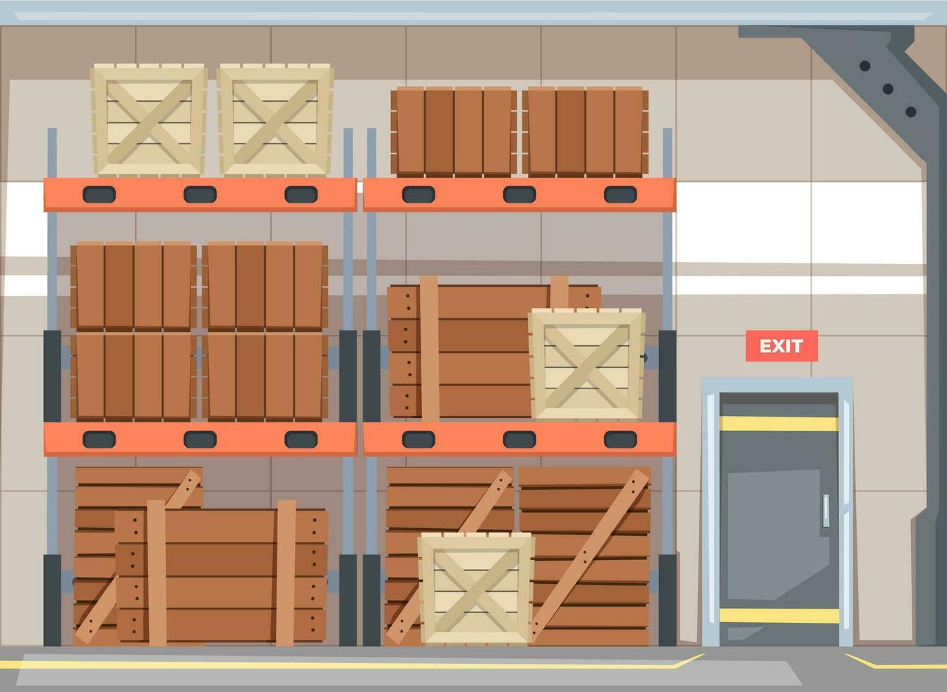 magazijn met dozen. pakhuis interieur met houten kratten pallets containers voor Verzending, logistiek levering onderhoud concept tekenfilm stijl. vector reeks