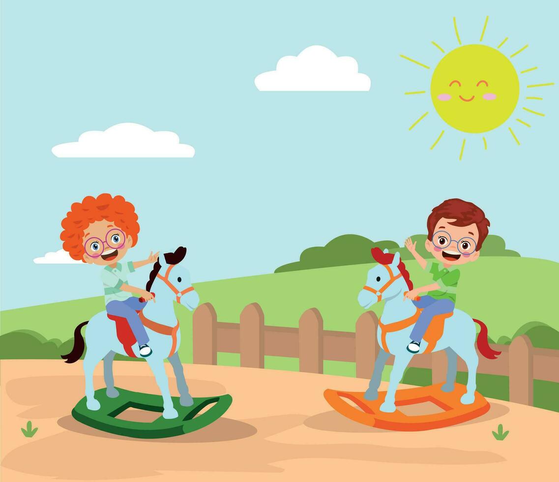 kinderen rijden Aan een schommelen paard in de park. tekenfilm vector illustratie.