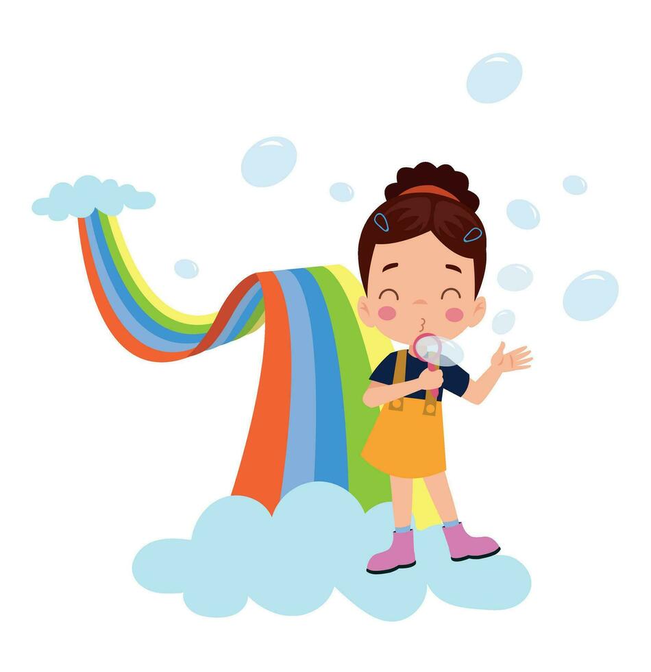 schattig weinig meisje spelen met regenbogen en wolken. vector illustratie