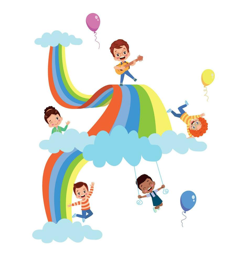 kinderen spelen Aan een regenboog. vector illustratie in vlak tekenfilm stijl.