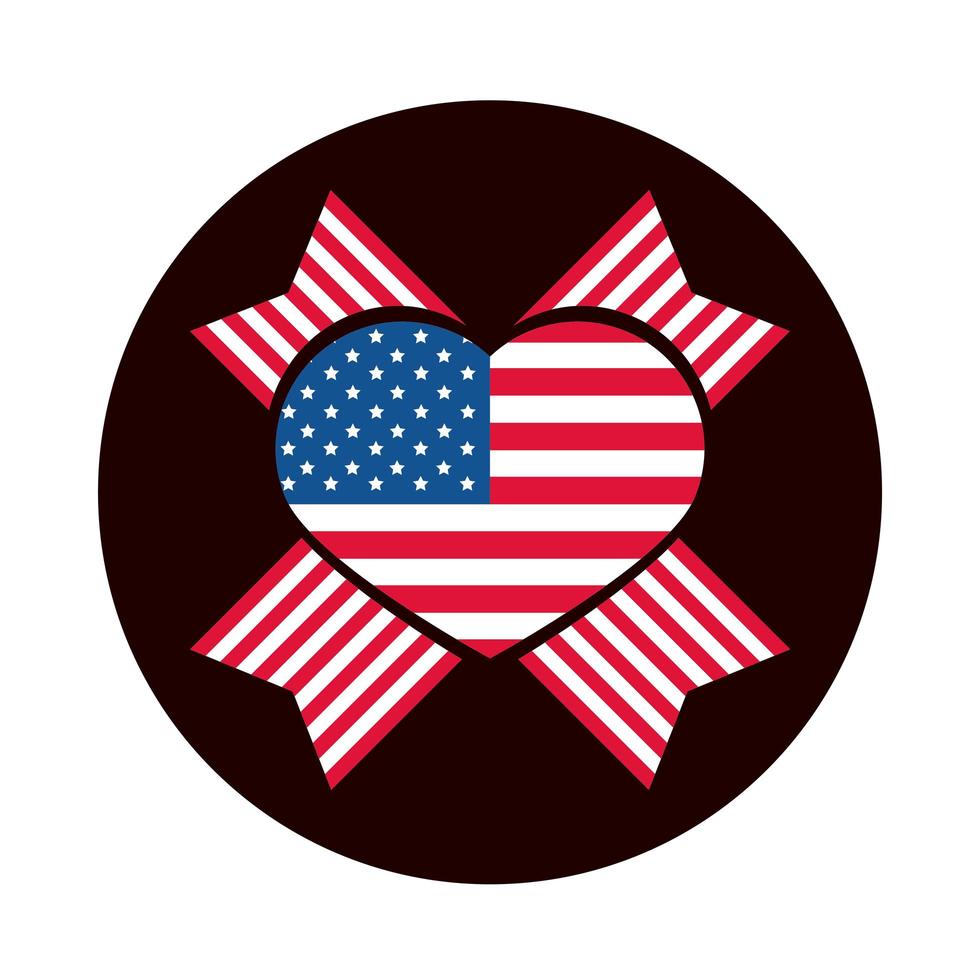 4 juli onafhankelijkheidsdag Amerikaanse vlag hart trots viering blok en platte stijlicoon vector
