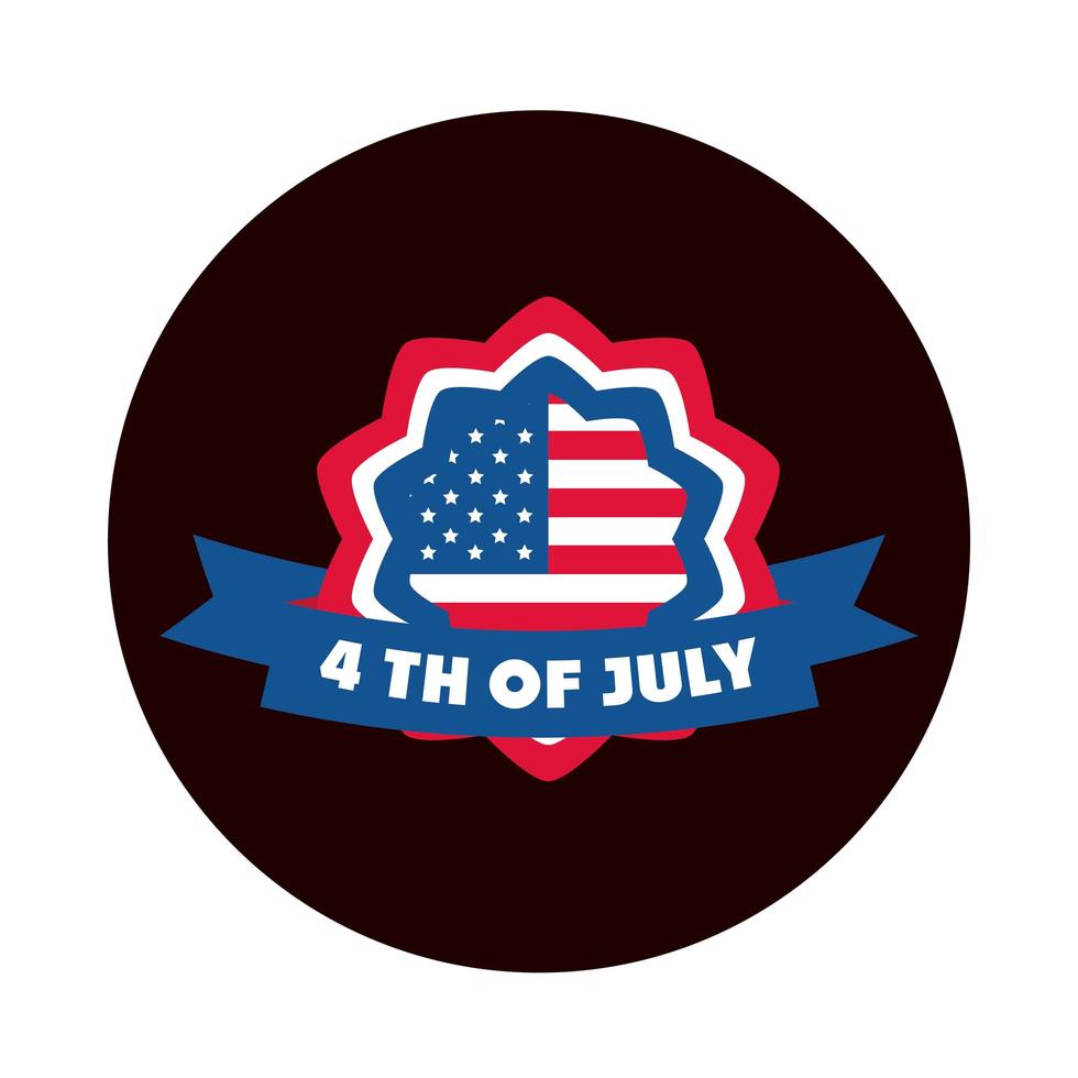 4 juli onafhankelijkheidsdag Amerikaanse vlag badge lint decoratie blok en platte stijlicoon vector