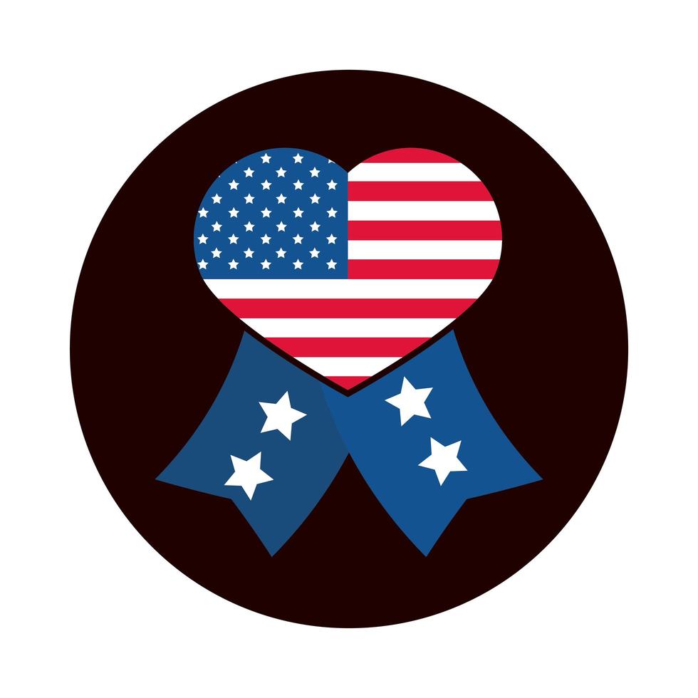 4 juli onafhankelijkheidsdag hartvormig amerikaans vlaglint met sterrenblok en plat stijlicoon vector