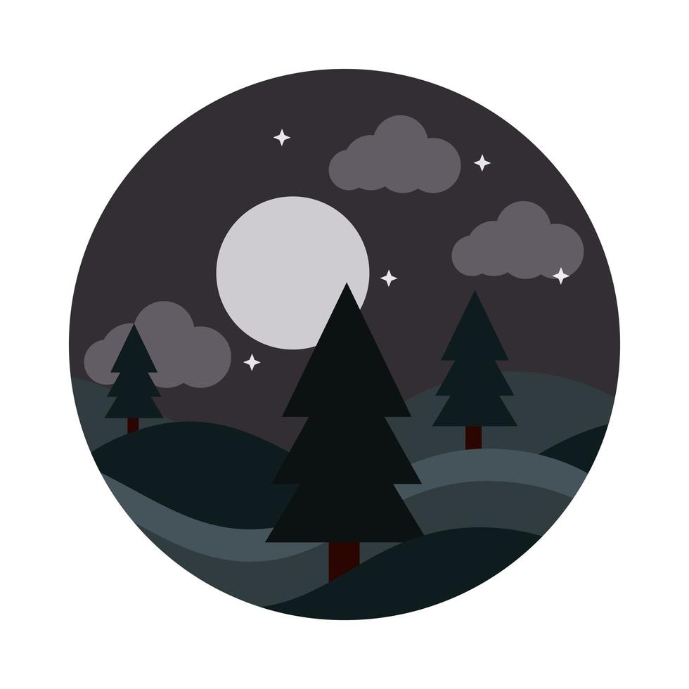 landschap natuur nacht maan sterren hemel pijnbomen plat stijlicoon vector