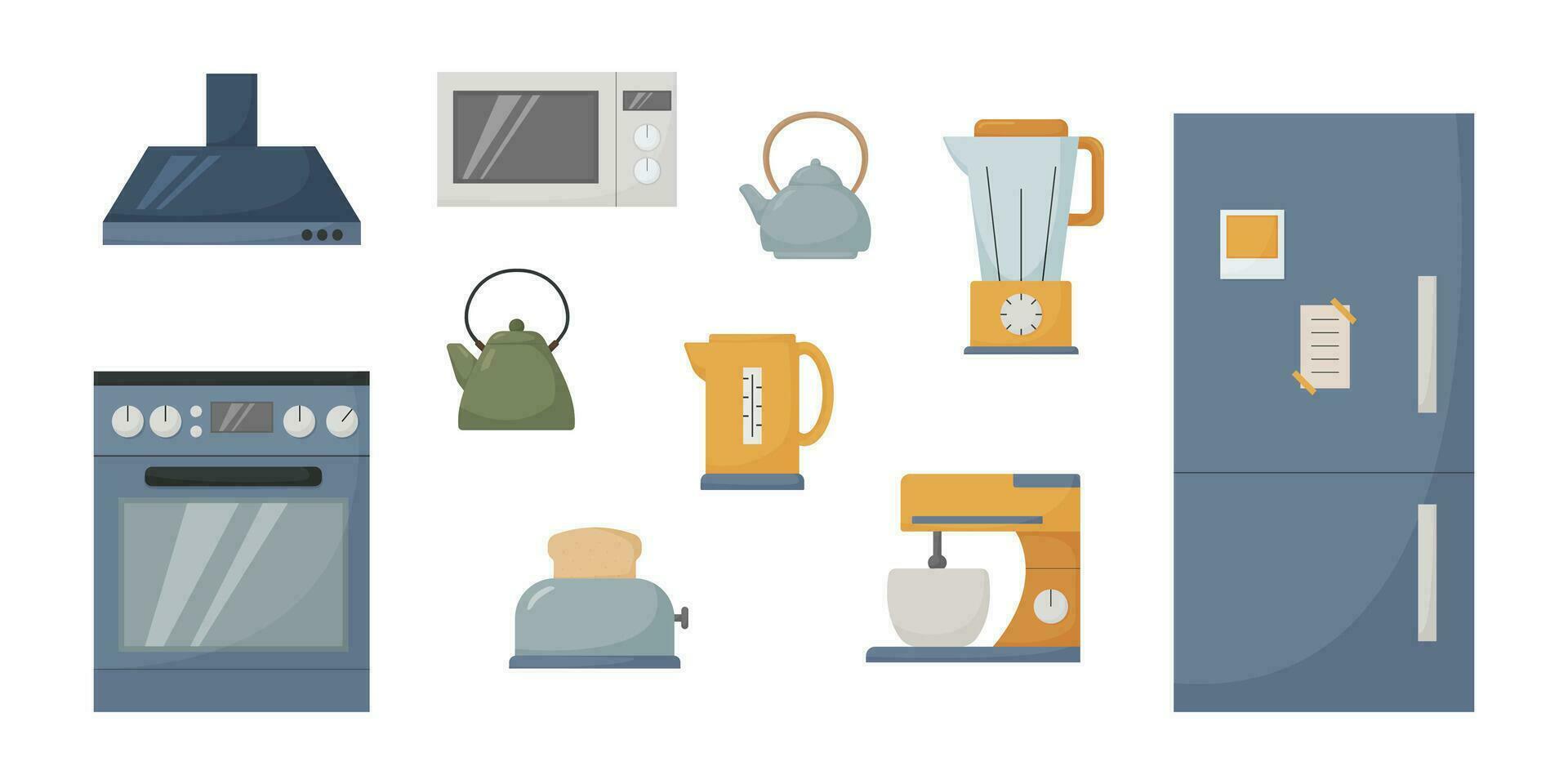 keuken elektronisch apparaten set, Koken benodigdheden, oven, fornuis, koelkast, magnetron, mixer, tosti apparaat, ketel, kap, vector illustratie