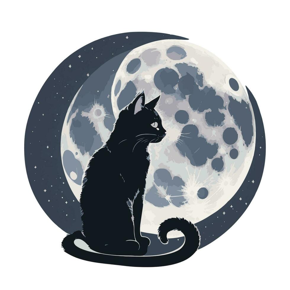 een zwart kat zit tegen de backdrop van de maan. mystiek mysterieus illustratie, mystiek. vector geïsoleerd illustratie. ideaal halloween achtergrond, tatoeëren kunst, spiritualiteit, boho ontwerp.