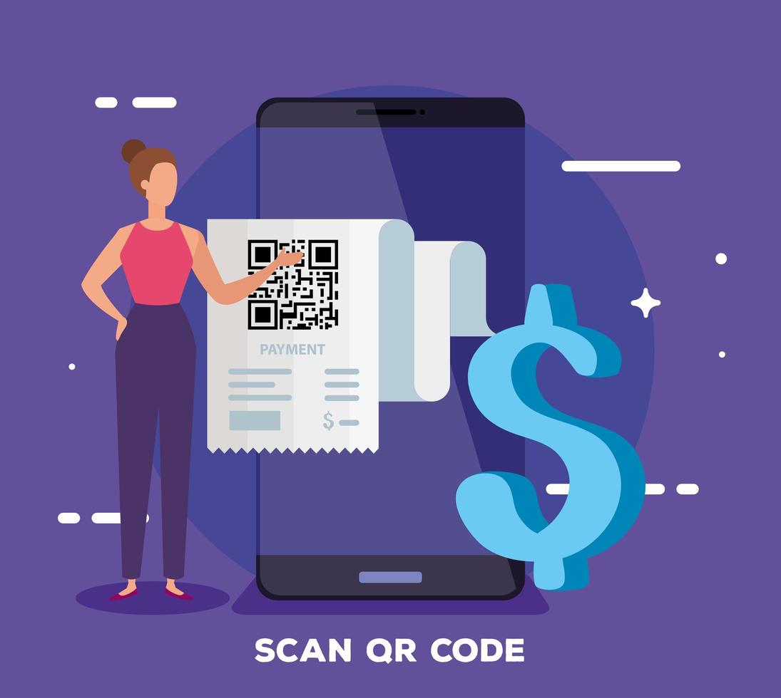 smartphone scant qr-code met zakenvrouw en dollarteken vector