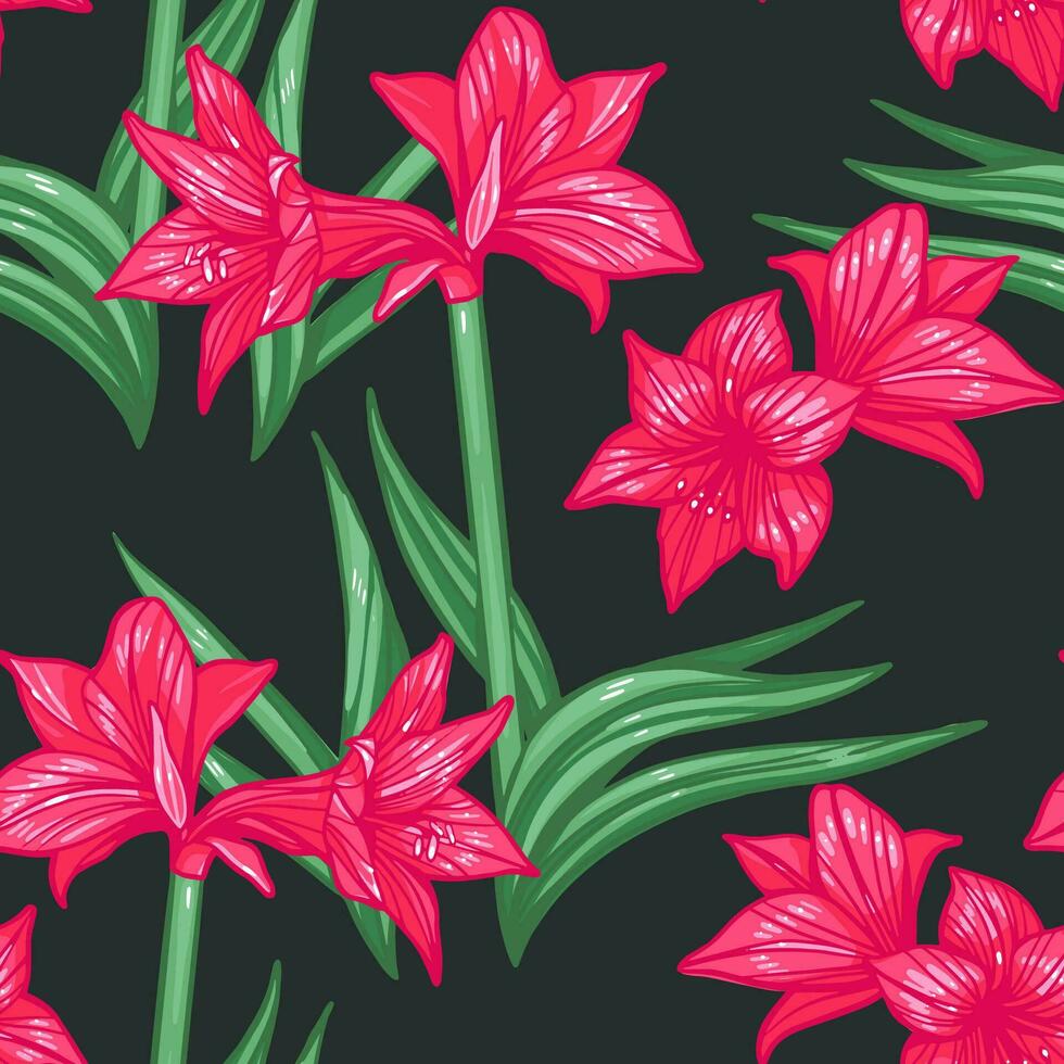 hippeastrum amaryllis lilly bloeiend bloemen naadloos patroon. vector