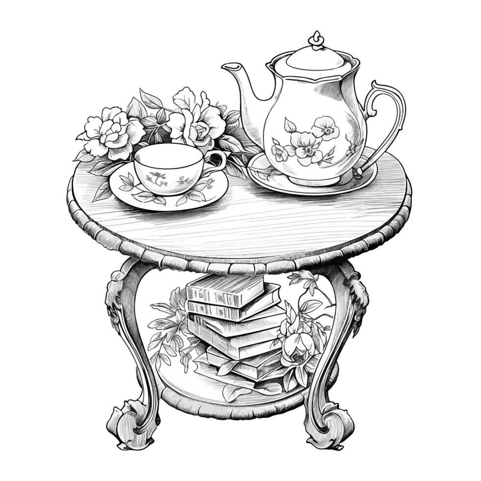 een kop van thee of koffie theepot, boeken, bloemen Aan tafelkleed, houten tafel. tekening cottagecore geïsoleerd illustratie. voor kleur boek Pagina's vector