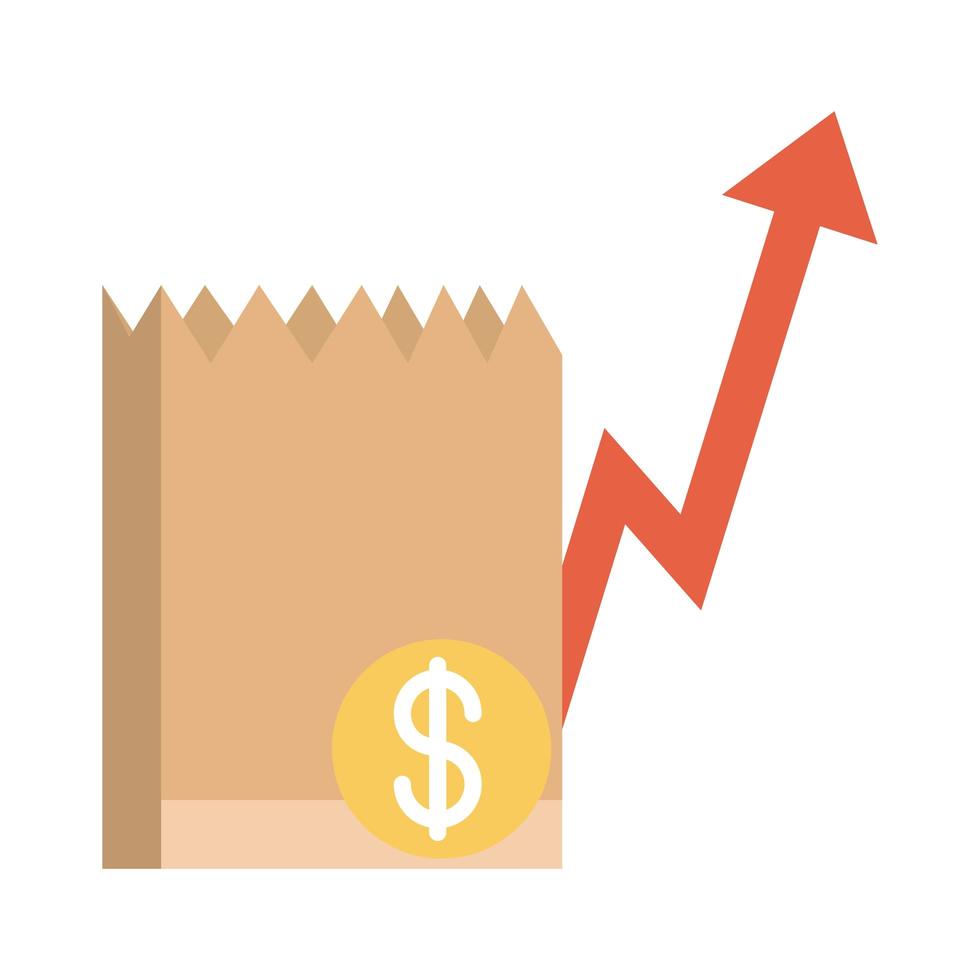 boodschappentas geld omhoog pijl stijgende voedselprijzen vlakke stijlicoon vector