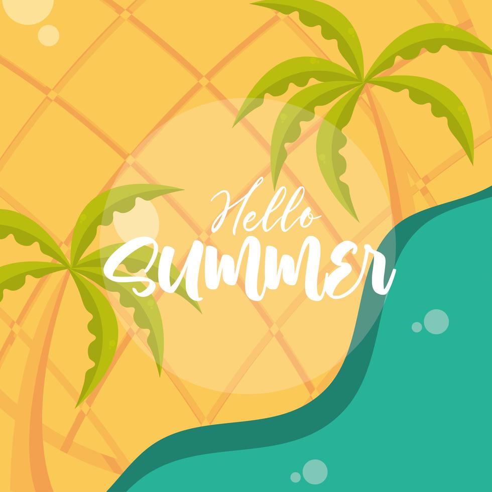 hallo zomer reizen en vakantie seizoen strand palmen ananas achtergrond belettering tekst vector