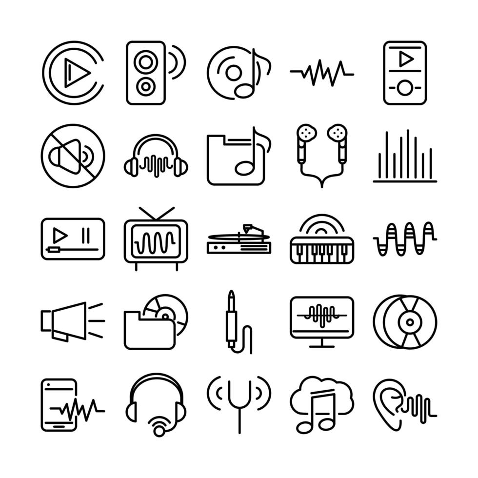 geluid audio volume muziek lijnstijl iconen set vector