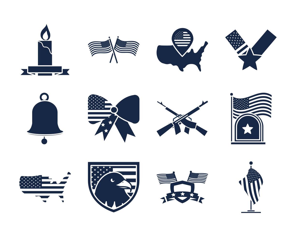 herdenkingsdag Amerikaanse nationale viering pictogrammen instellen silhouet stijlicoon vector