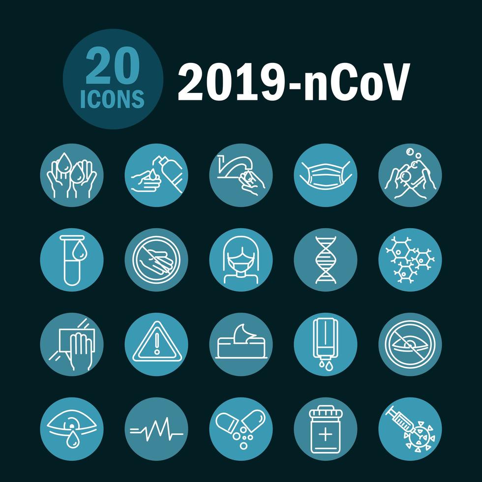 virus covid 19 pandemie ademhalingspneumonie ziekte iconen set blok lijn stijlicoon vector