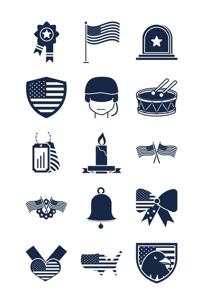 herdenkingsdag Amerikaanse nationale viering pictogrammen instellen silhouet stijlicoon vector