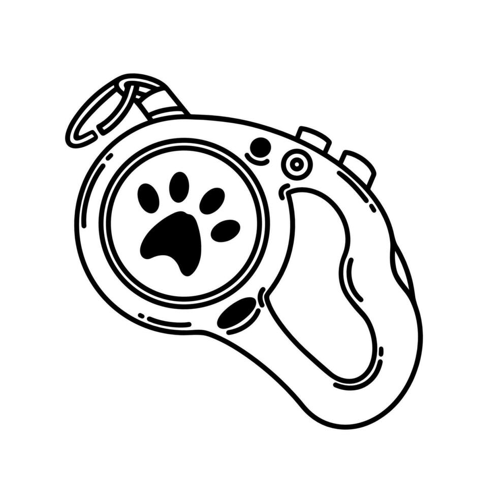 Oprolbaar huisdier riem vector icoon. medeplichtig voor hond of kat met poot. een modern apparaat voor wandelen met dieren, opleiding, bescherming. gemakkelijk schetsen. zwart en wit clip art voor logo, afdrukken, web