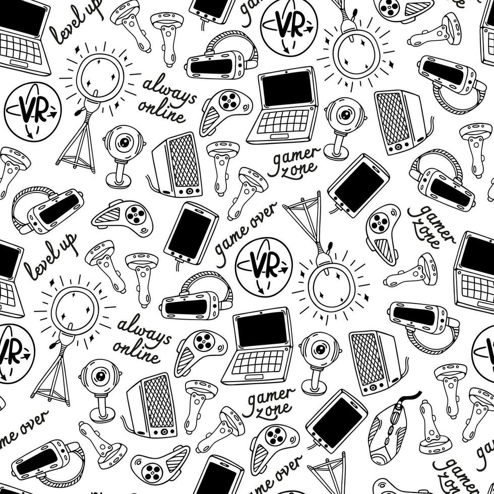 modern gadgets naadloos vector patroon. laptop, vr koptelefoon, joystick, webcam, smartphone, pc muis, ring lamp. apparaat voor stroom, blog, podcast, video spellen. zwart en wit achtergrond voor afdrukken, web