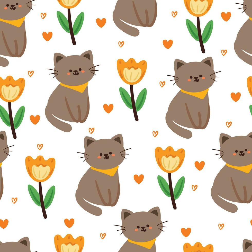 naadloos patroon tekenfilm kat en bloem. schattig dier behang voor textiel, geschenk inpakken papier vector