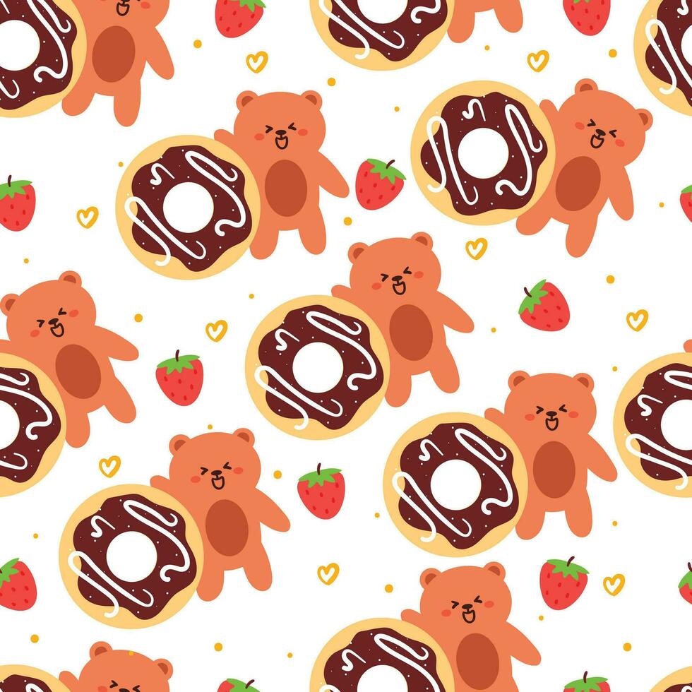 naadloos patroon tekenfilm bears en donut. schattig dier behang illustratie voor geschenk inpakken papier vector