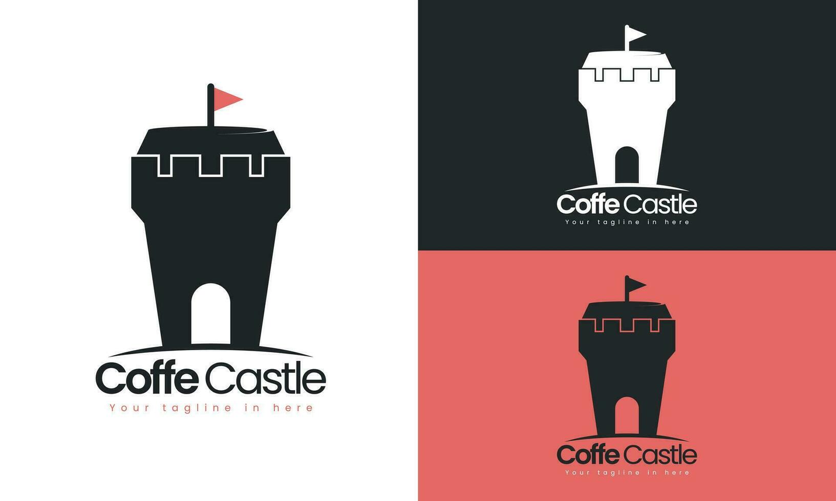 koffie logo vector ontwerp. producten voor cafe, koffie winkel, en bedrijf. combinatie van kasteel en koffie kop met rood vlag. gemakkelijk, minimalistisch, en hoofdvol ontwerp. niet doen laat andere mensen hebben het.