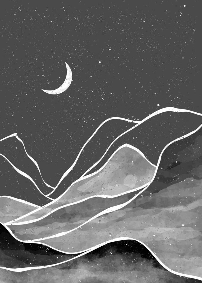 nacht berg landschap waterverf schilderen. natuurlijk abstract landschap achtergrond. bergen, heuvels en de maan in zwart en wit. vector illustratie