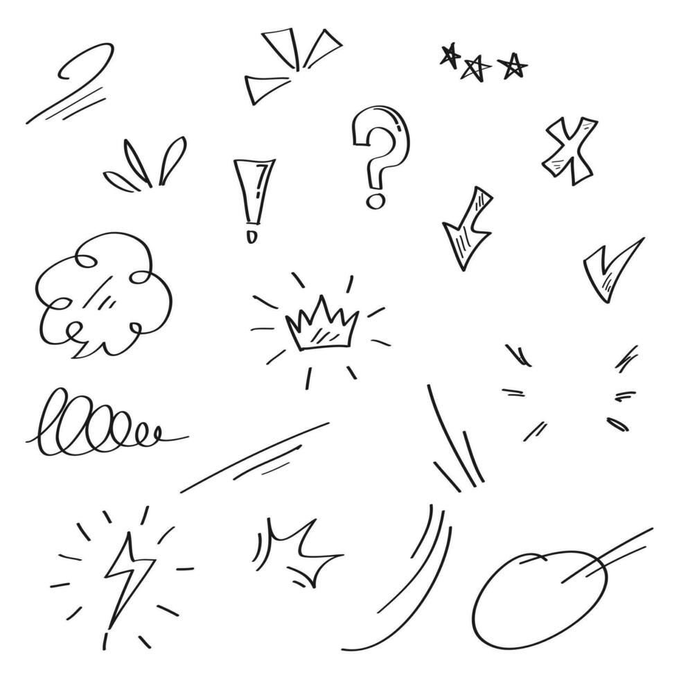 tekening reeks tekenfilm uitdrukkingen Effecten. hand- getrokken emoticon Effecten ontwerp elementen. vector illustratie