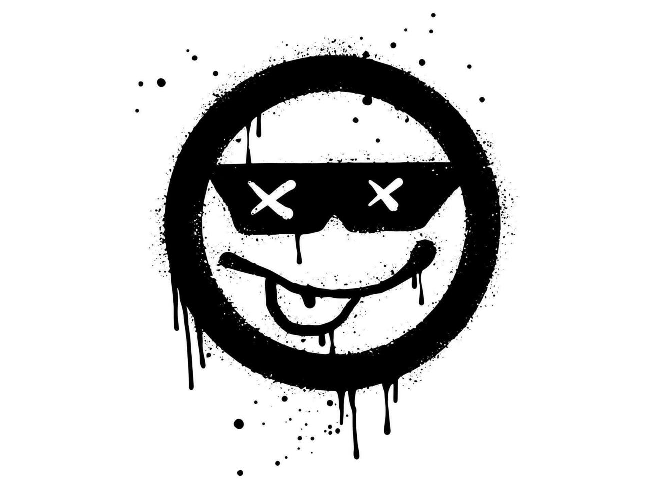 glimlachen gezicht en tong uit emoticon karakter met zonnebril. verstuiven geschilderd graffiti glimlach gezicht in zwart over- wit. geïsoleerd Aan wit achtergrond. vector illustratie