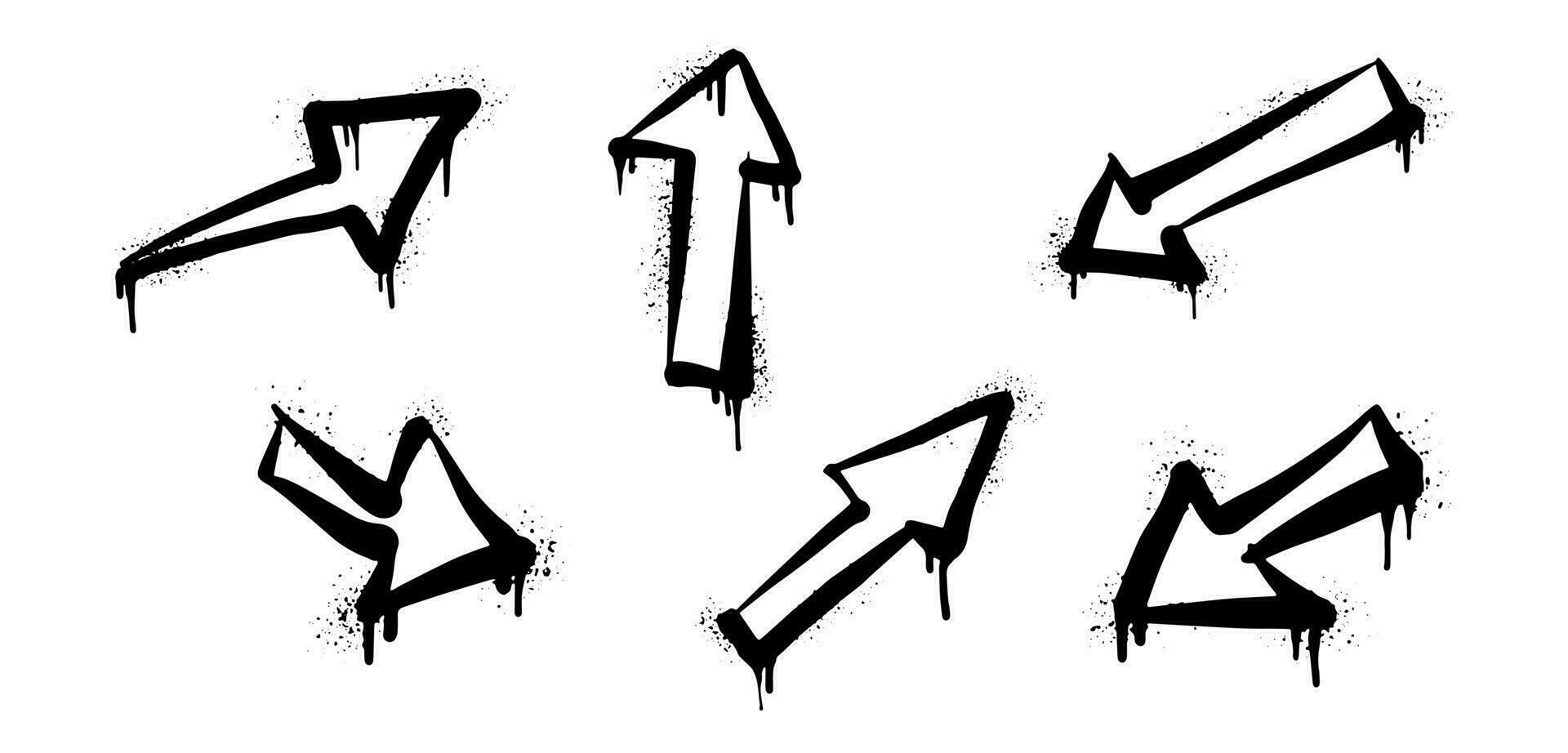 verzameling van verstuiven geschilderd graffiti pijl in zwart over- wit. pijl richting druppelen symbool. geïsoleerd Aan wit achtergrond. vector illustratie