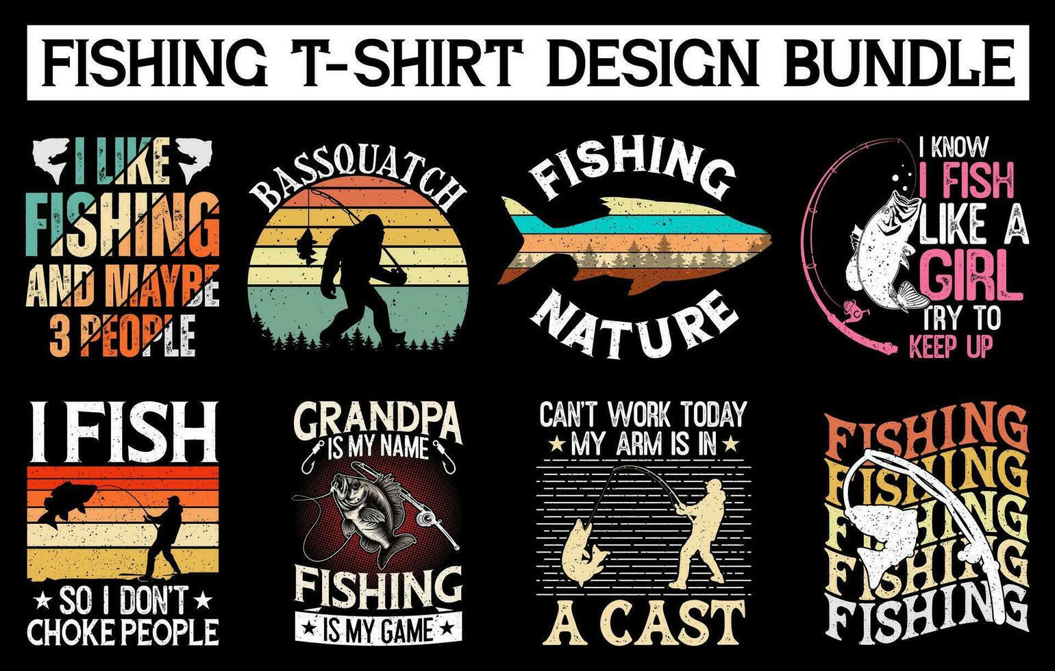 visvangst t overhemd ontwerp bundel, visvangst wijnoogst t overhemd verzameling, wijnoogst visvangst t-shirt reeks grafisch illustratie, visvangst vector embleem