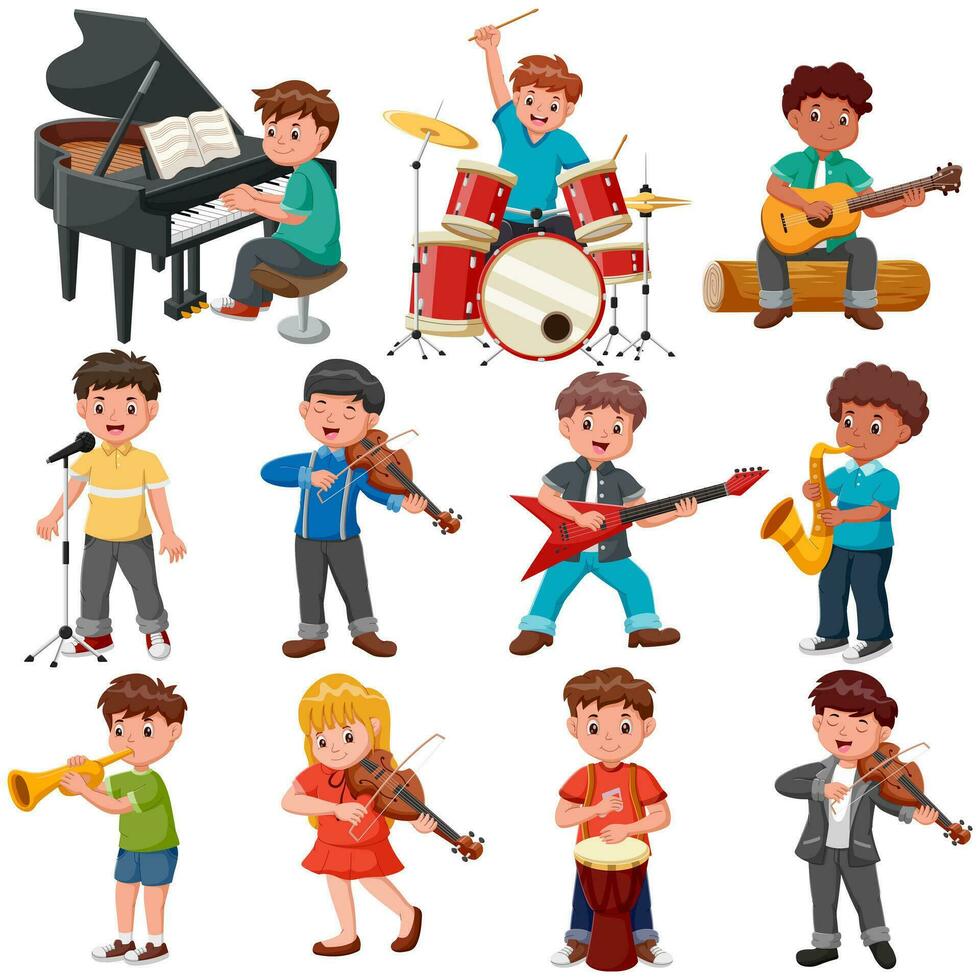 reeks van weinig kinderen spelen divers instrumenten. vector illustratie