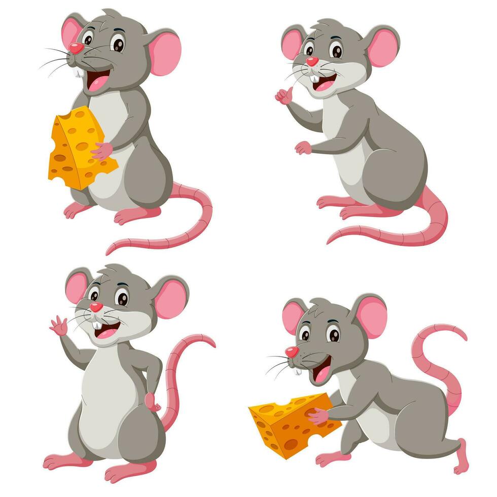 tekenfilm muis set. grijs harig knaagdier weinig Rat met roze haarloos staart. vector illustratie