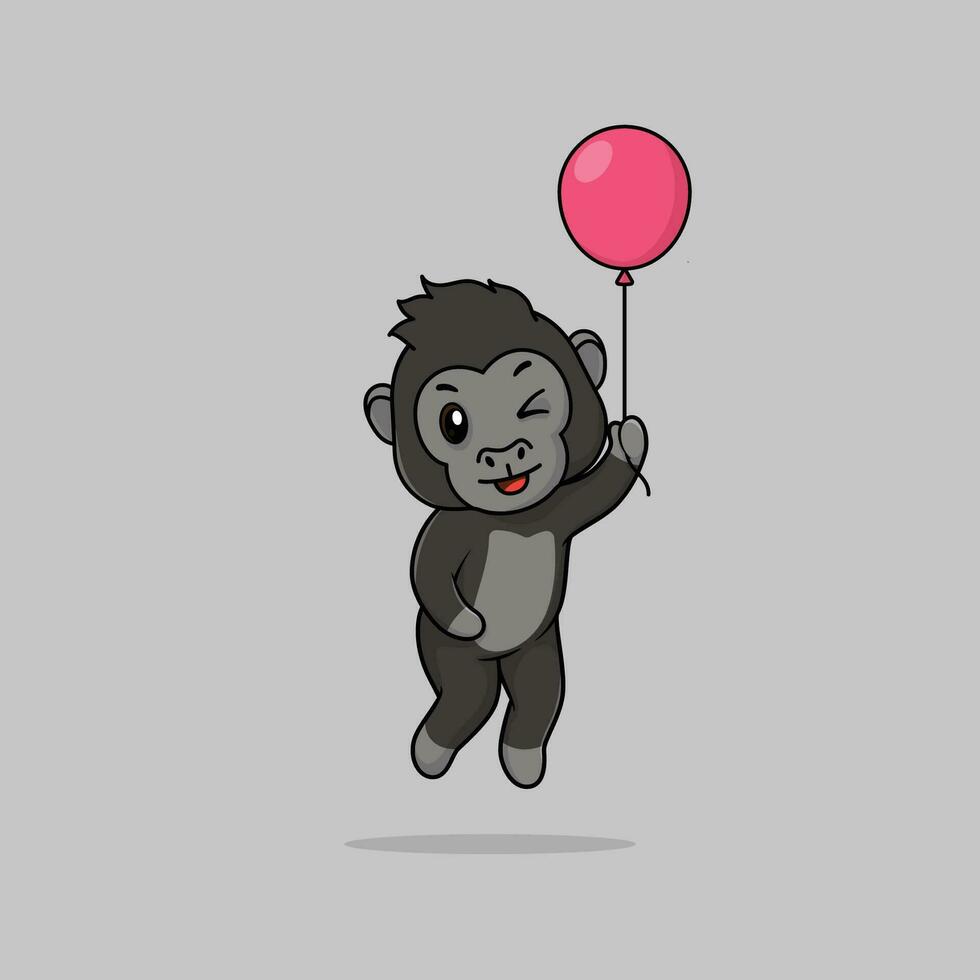 vector schattig baby gorilla tekenfilm drijvend Holding ballon icoon illustratie.