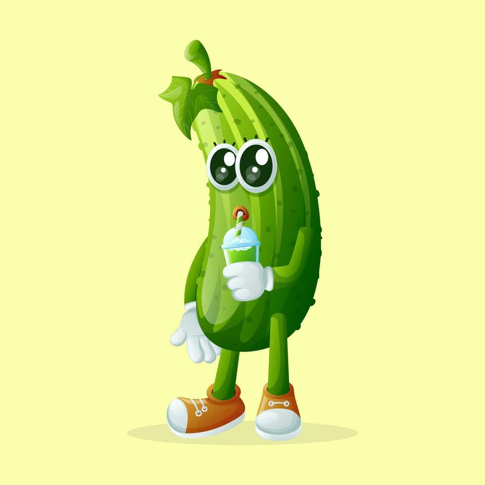 schattig komkommer karakter drinken een groen smoothie met een rietje vector
