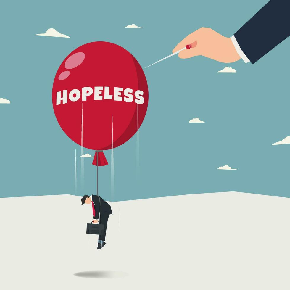 zakenman hand- voortvarend de naald- naar knal hopeloos rood ballon vector illustratie