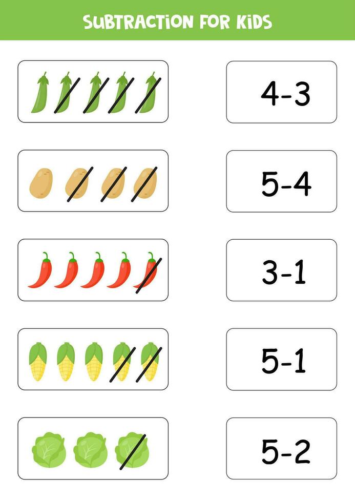 aftrekken spel met schattig tekenfilm groenten. bij elkaar passen spel. vector