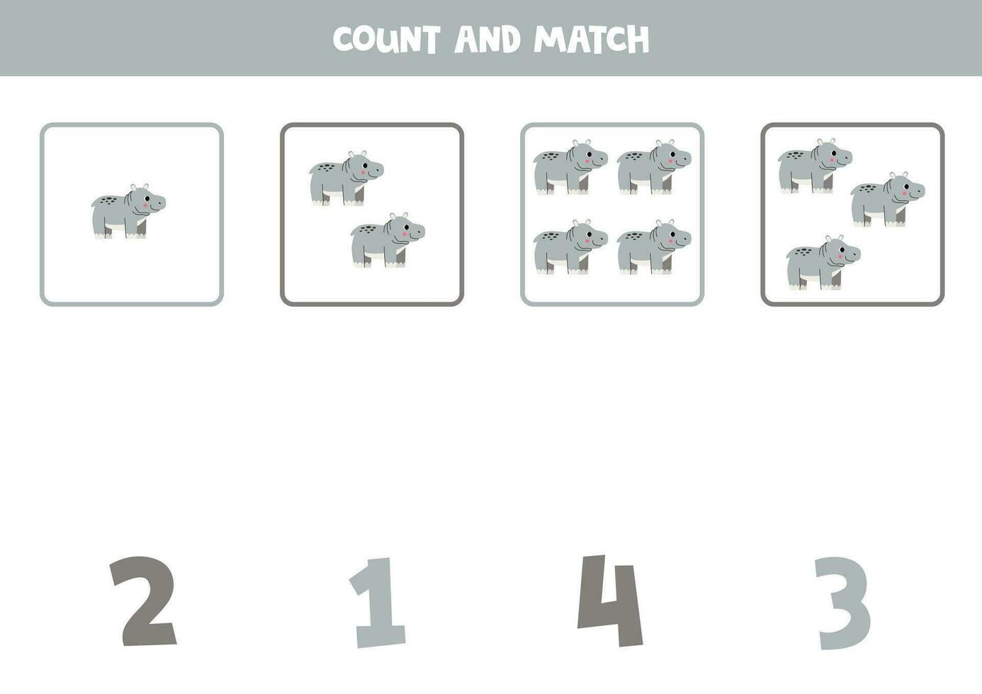 tellen spel voor kinderen. tellen allemaal nijlpaarden en bij elkaar passen met nummers. werkblad voor kinderen. vector