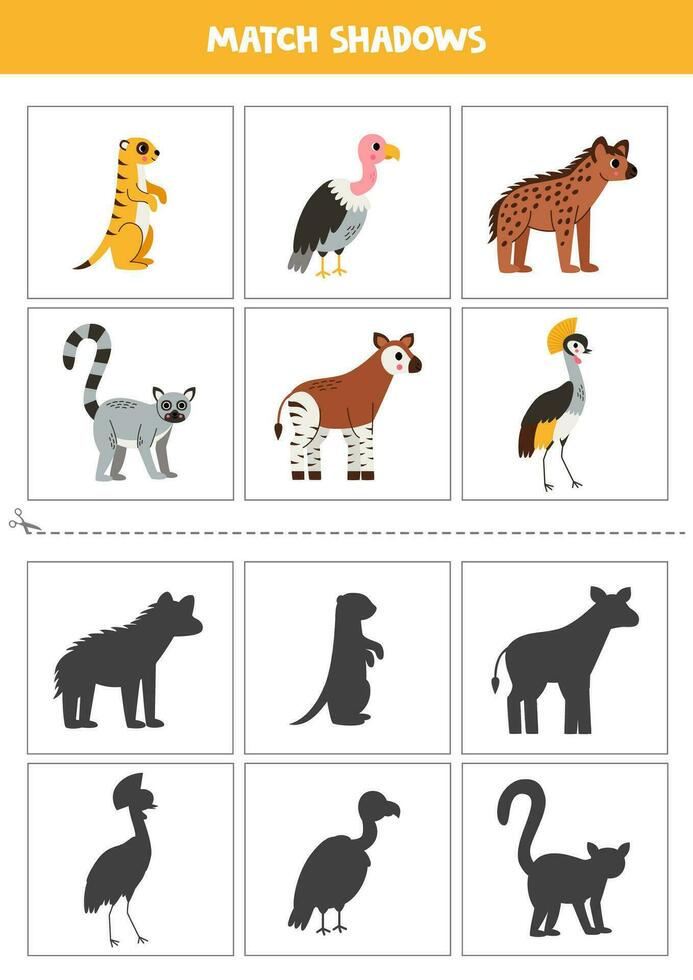 vind schaduwen van schattig Afrikaanse dieren. kaarten voor kinderen. vector